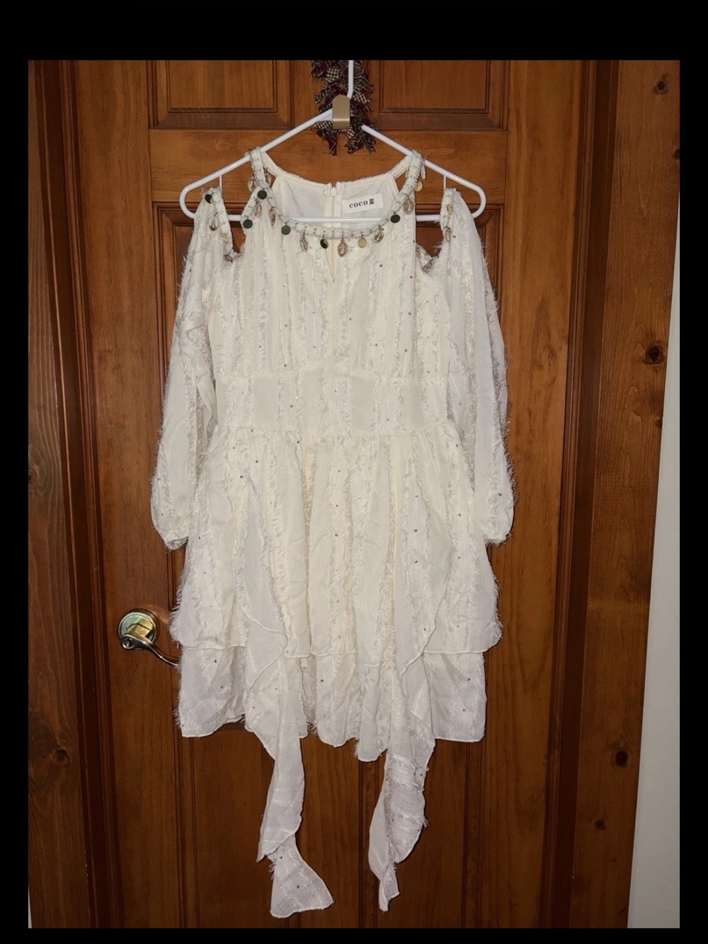 Coco Cream Lace Fairycore Mini Dress Cold Shoulder Coin Fringe Ruffle XS